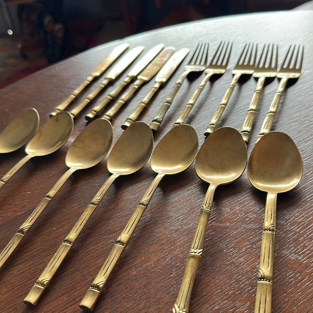 🇹🇭 17 pieces of flatware I bought in Thailand. Nickel Bronze. Brass color bamboo - Picture 6 of 11